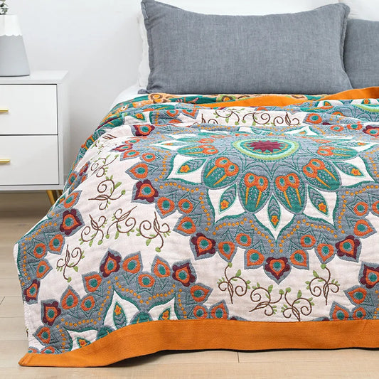 Close-up of intricate mandala pattern in earthy jewel tones, inspired by sacred geometry and cosmic unity