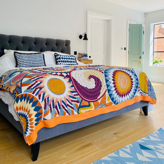 Nordic Lines Throw styled on a bed, offering calming texture and generous drape in a minimalist bedroom setting