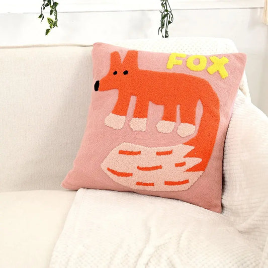 Pink pillow with embroidered fox design; 45x45cm cushion with soft, whimsical woodland detail