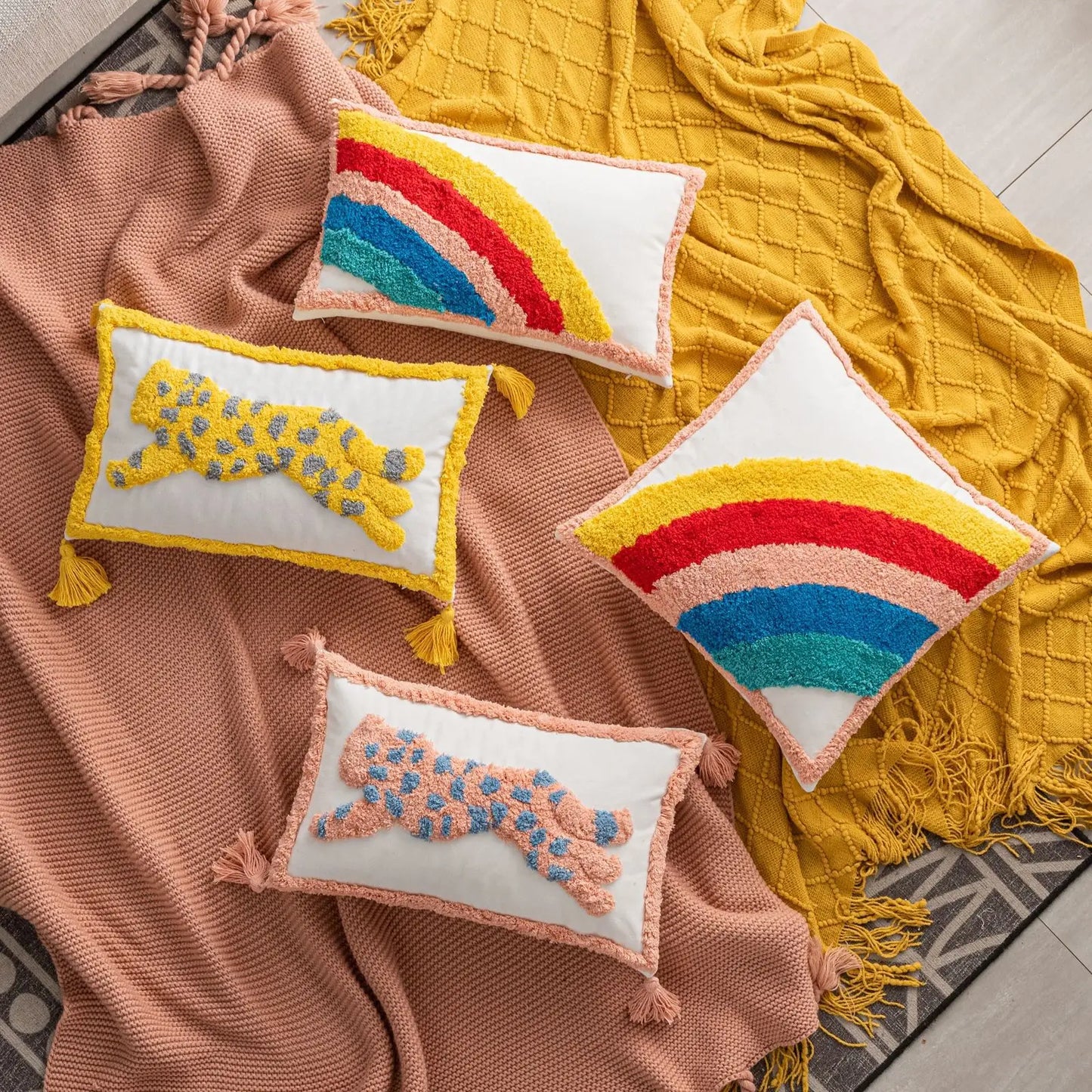 Tufted Cotton Rainbow Pillow