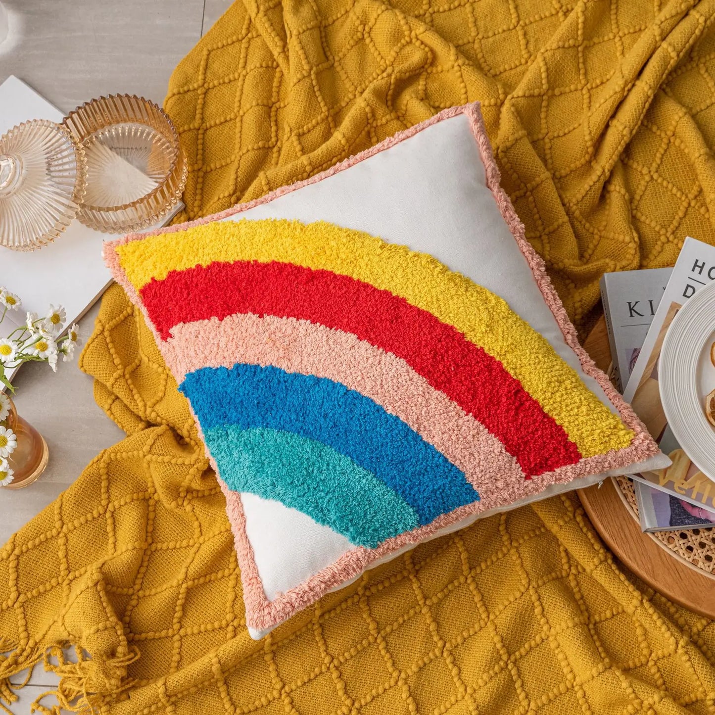 Tufted Cotton Rainbow Pillow